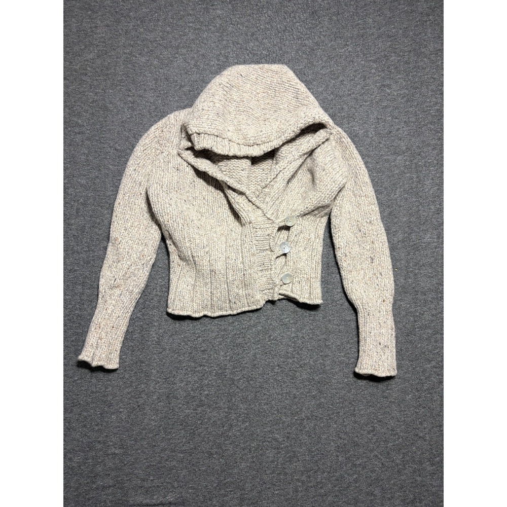 Express Cropped Cardigan Sweater Womens Medium Beige Wool Chunky Knit Hooded